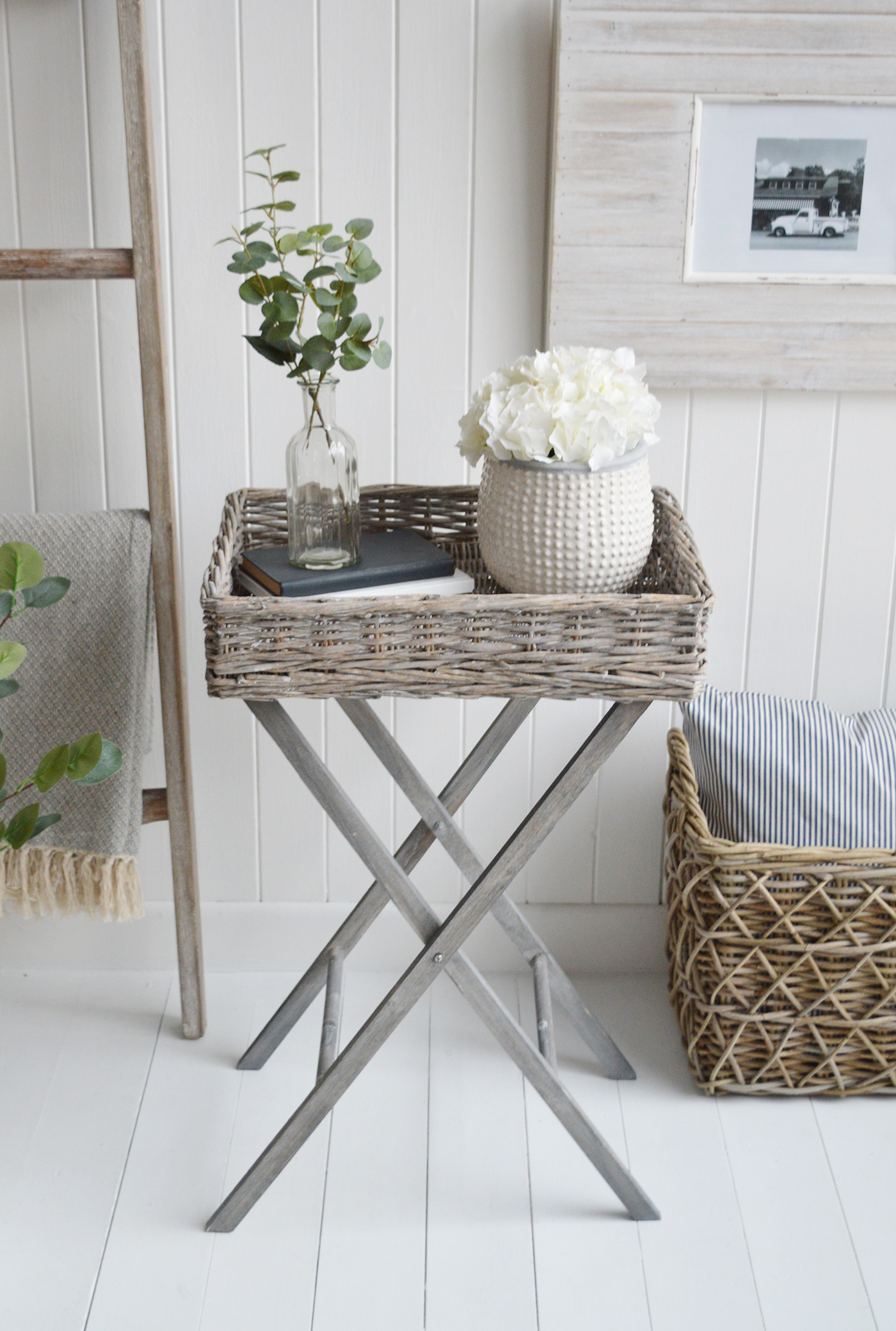 The White Lighthouse  furniture. The Cornwall grey willow folding side table, ideal for bedside, or living room lamp table. Bathroom, Living Room, Bedroom and Hallway Furniture for beautiful homes. Furniture for New England, country, farm house and coastal styled home interiors