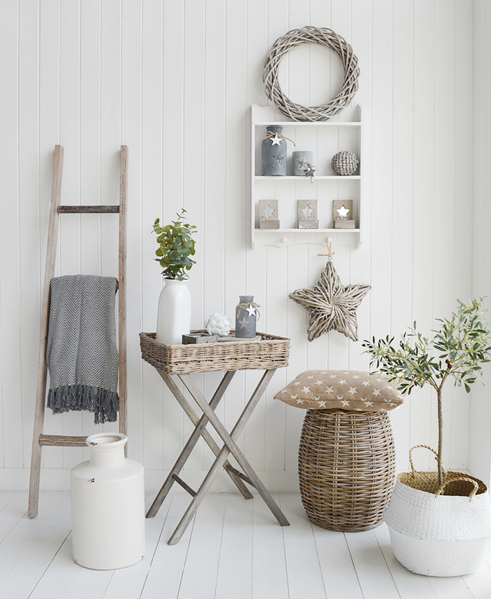 Provincetown white wall shelf with 2 shleves and hanging pegs in a living room