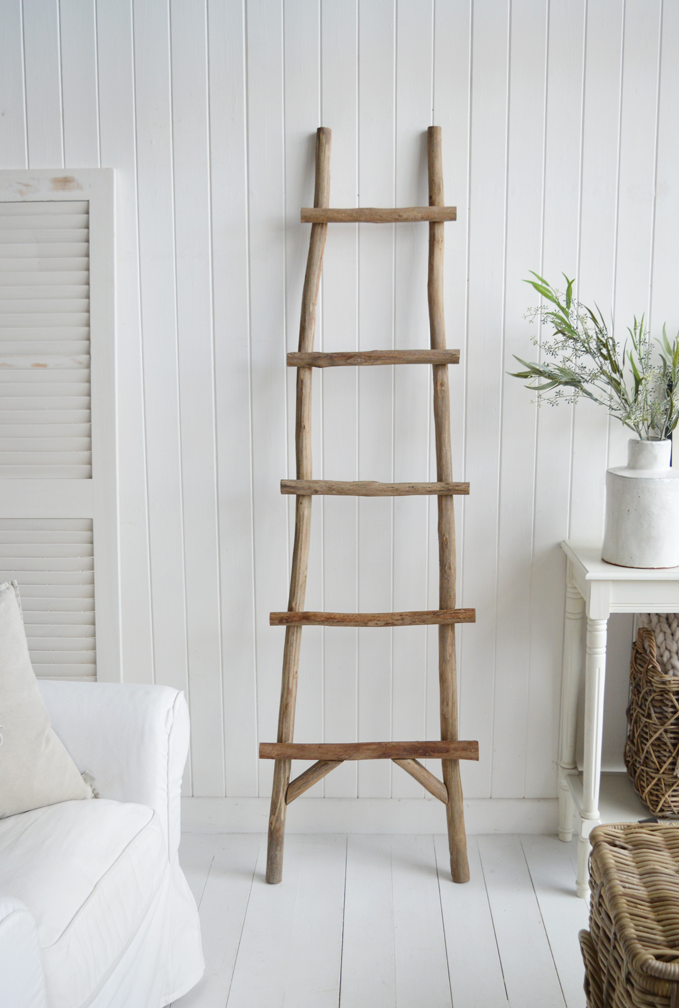 Driftwood ladder in greyed wood, a rustic addition to your home for New England coastal and farmhouse interiors