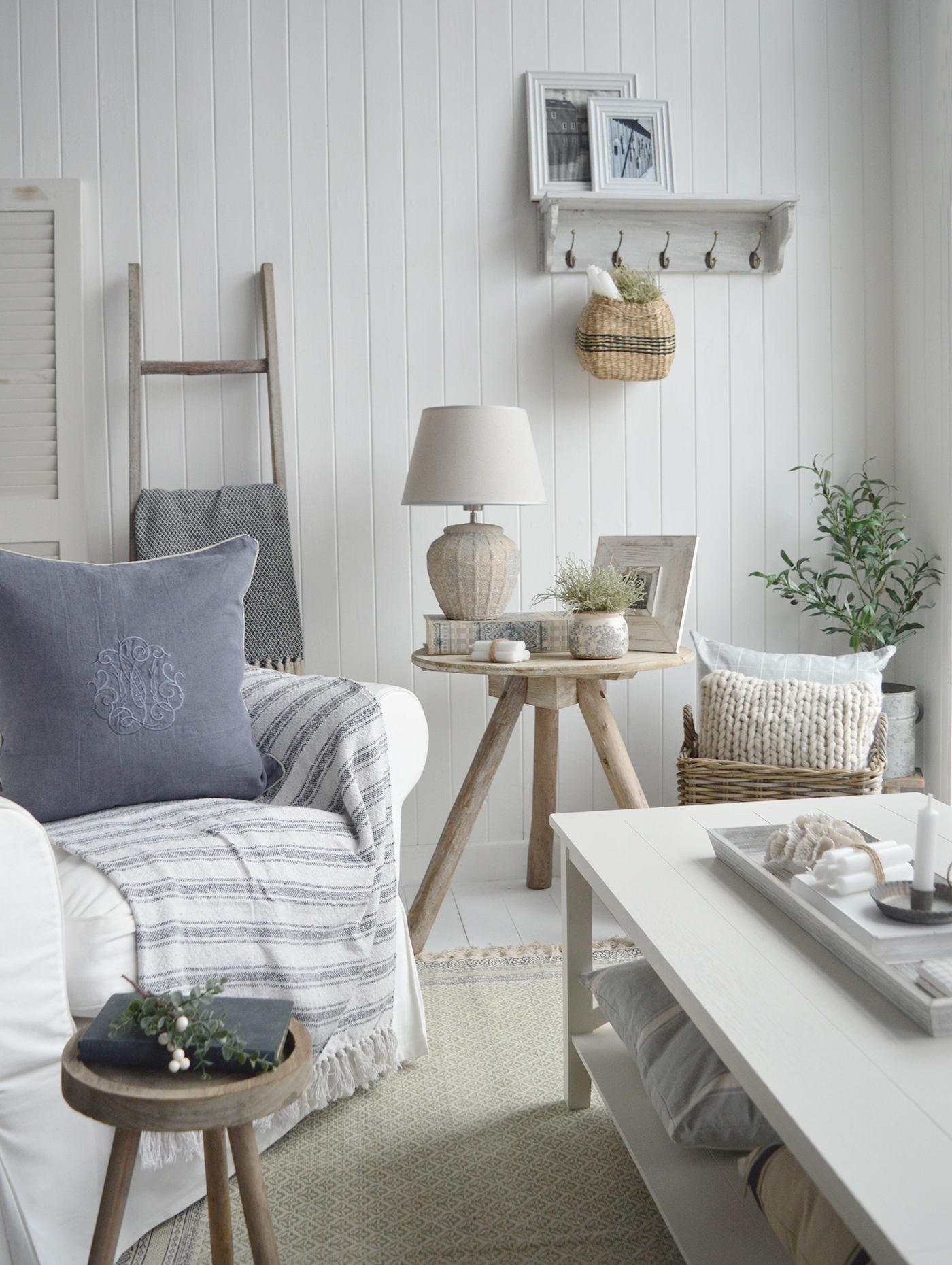 New enakfn modern farmhouse, country and coastal furniture for the living room, including dfriftwood lamp table, lamp and home decor accessories cushions and throws.