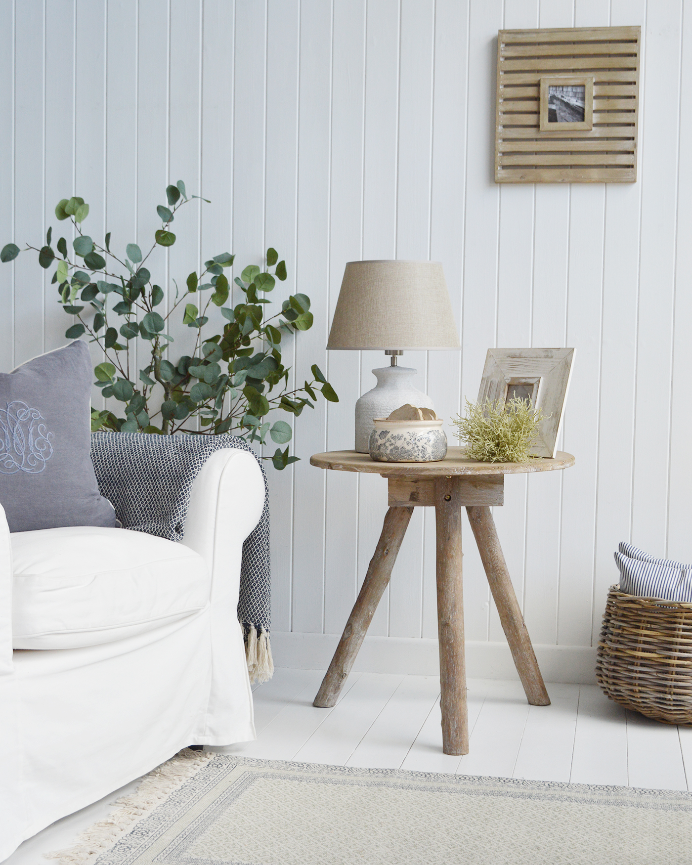 Driftwood wooden table for coastal furniture when styling New England interiors. 