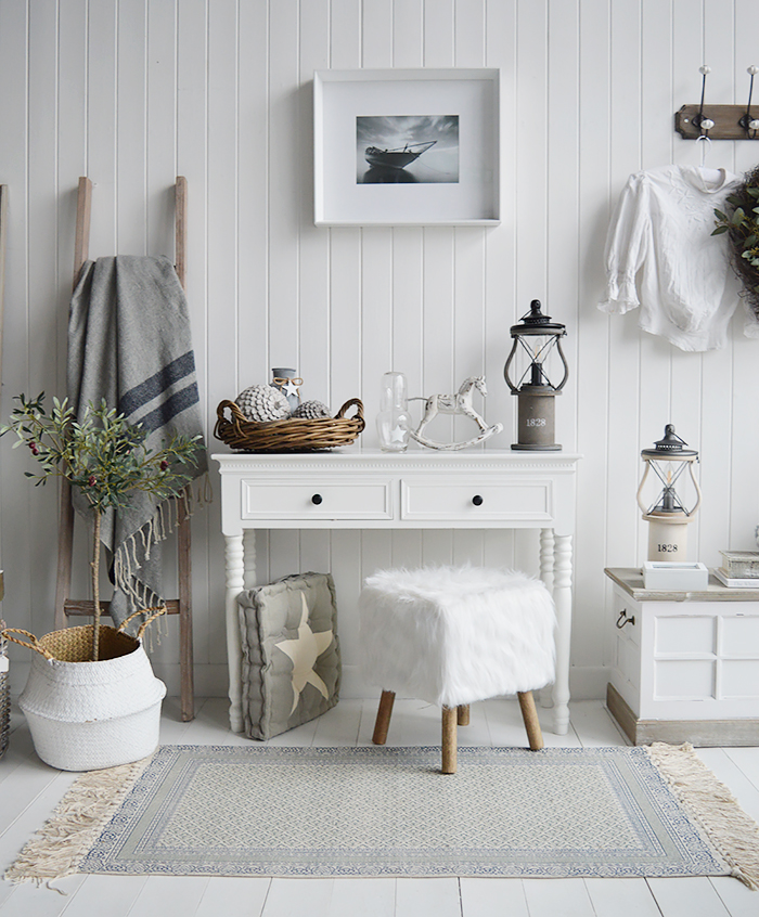 The Woodstock white faux fur sheekskin stool with a dressing table for white furniture