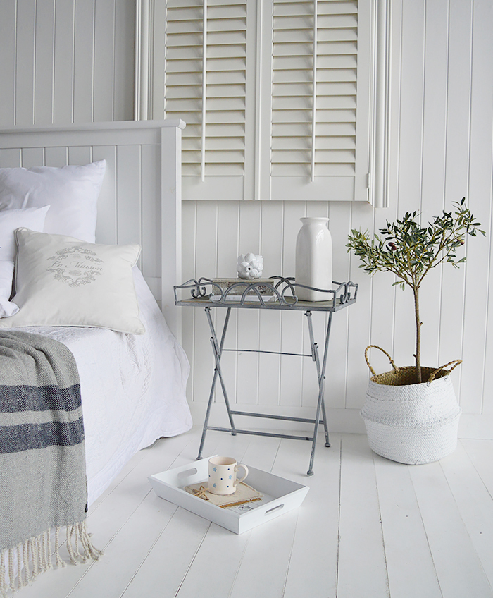 Grayswood folding grey bedside table in coastal New England bedroom