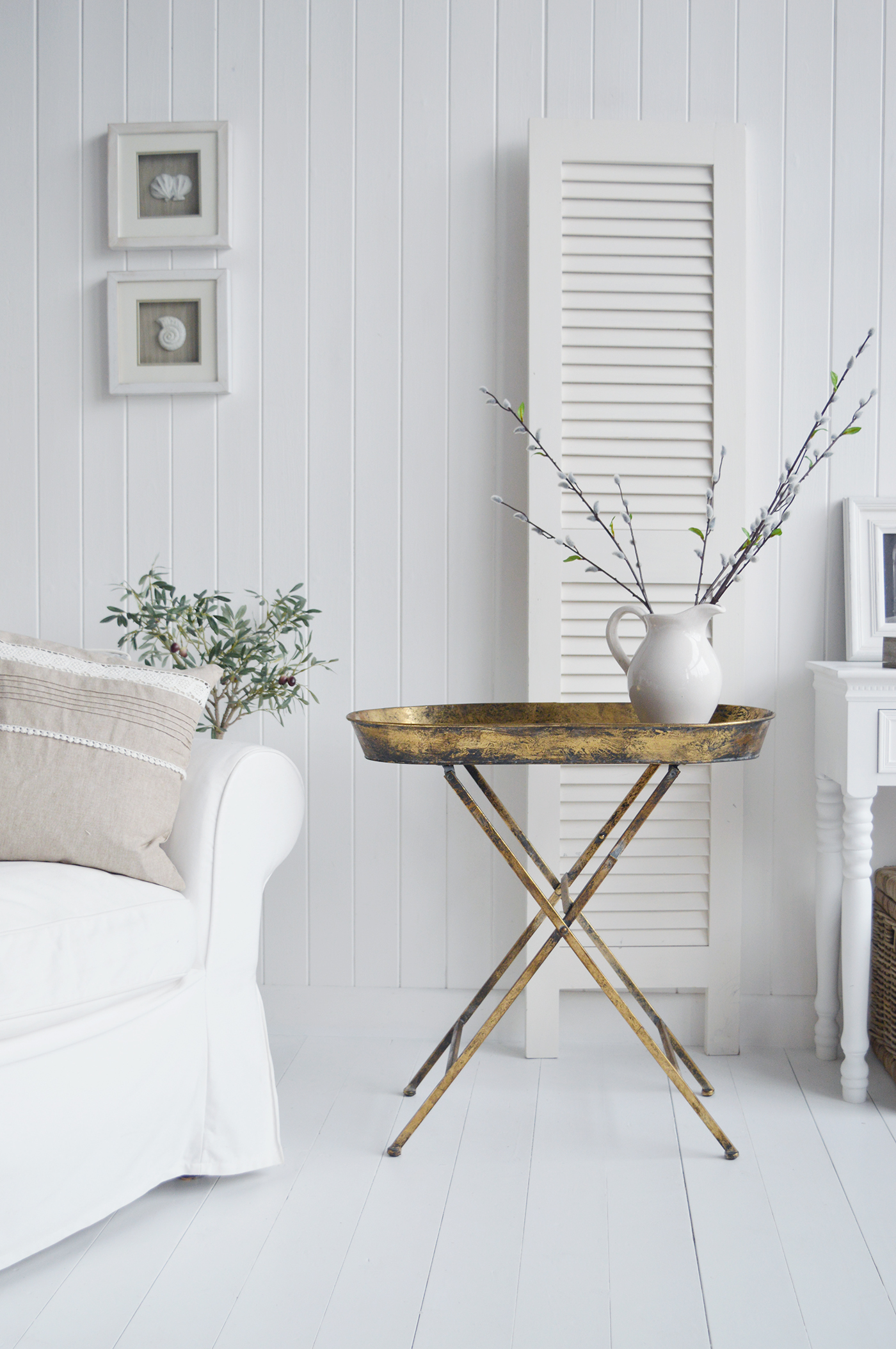 Greenwich distressed gold for New England styled white living room. White furniture for coastal, country and city homes from The White Lighthouse Furniture