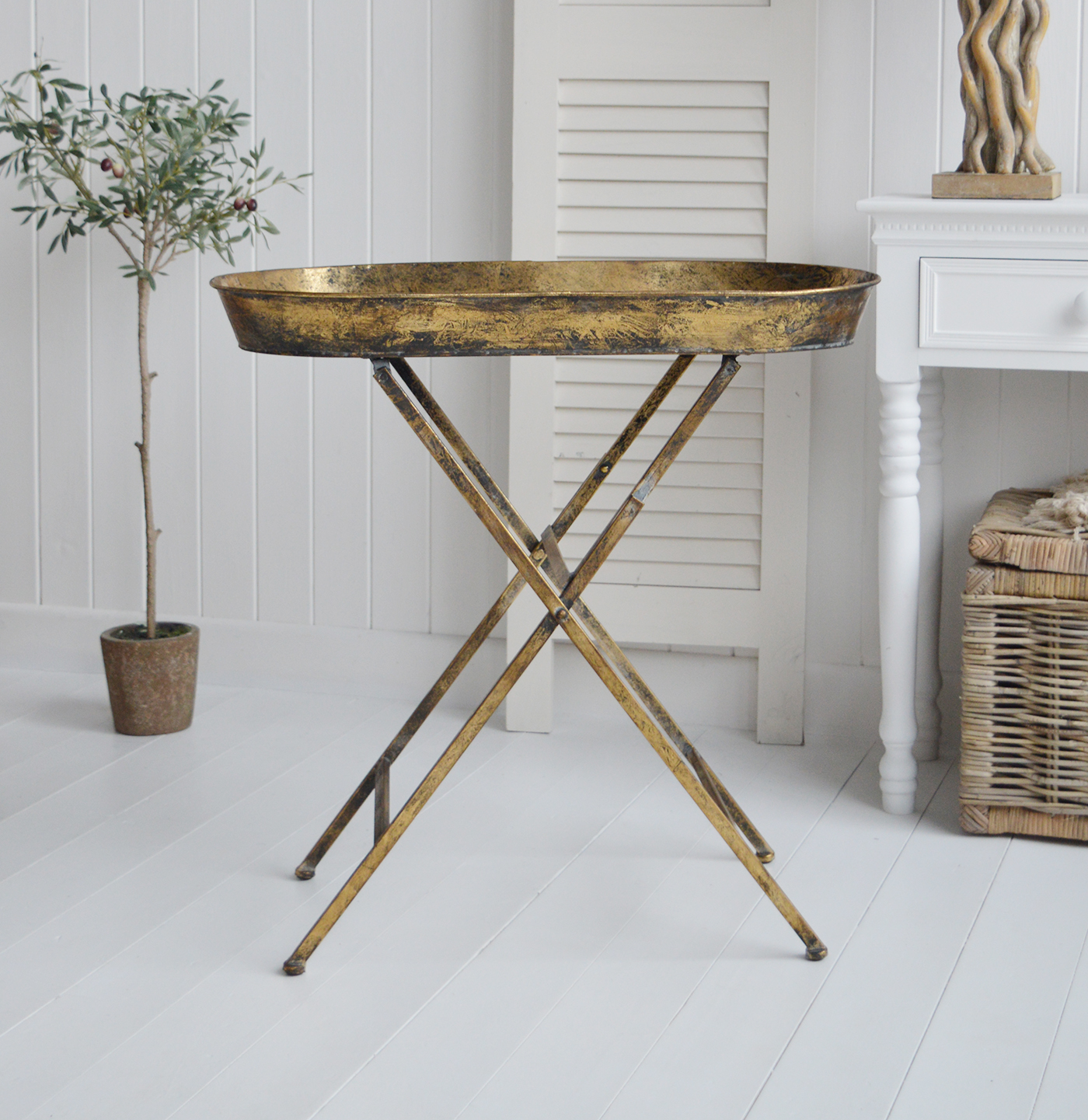 Greenwich distressed gold for New England styled white living room. White furniture for coastal, country and city homes from The White Lighthouse Furniture