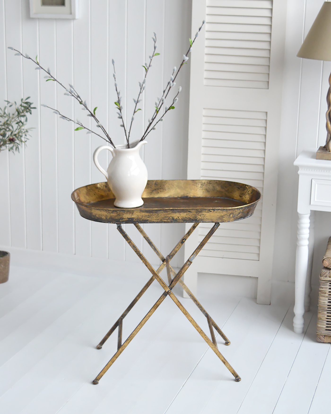 Greenwich distressed gold for New England styled white living room. White furniture for coastal, country and city homes from The White Lighthouse Furniture