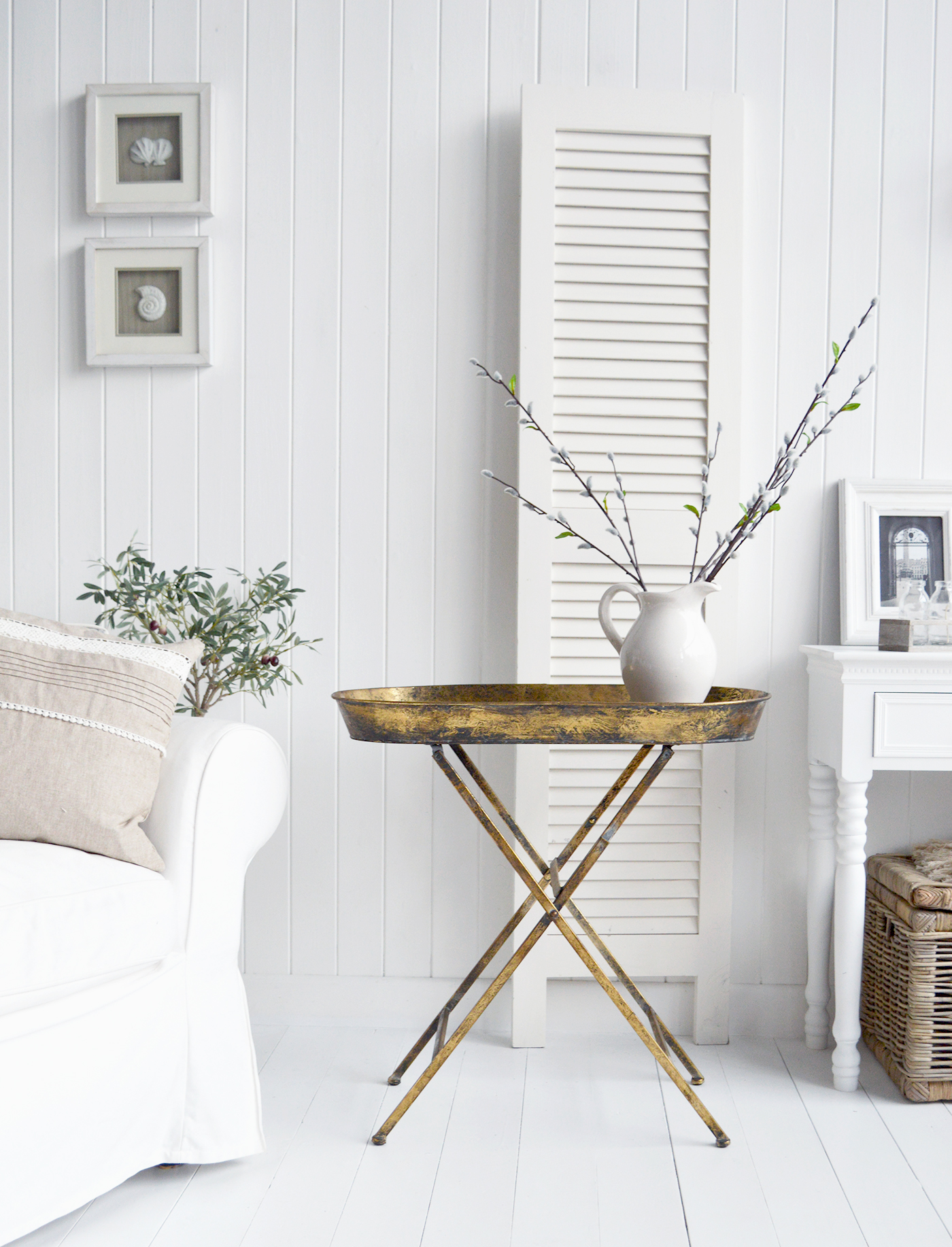 Greenwich distressed gold for New England styled white living room. White furniture for coastal, country and city homes from The White Lighthouse Furniture