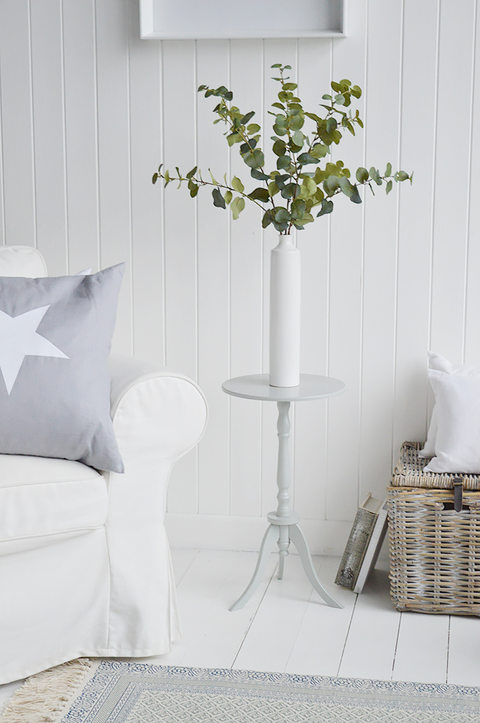 Harvard grey small round pedestal table for New England coastal and country furniture as a plant stand