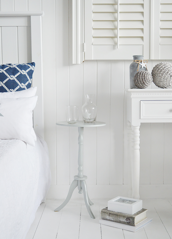 Harvard grey small round pedestal table for New England coastal and country furniture as a bedside table 