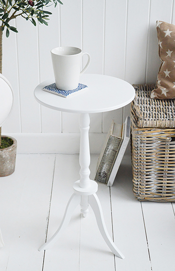 Harvard white small round pedestal table for New England coastal and country white furniture. The White Lighthouse