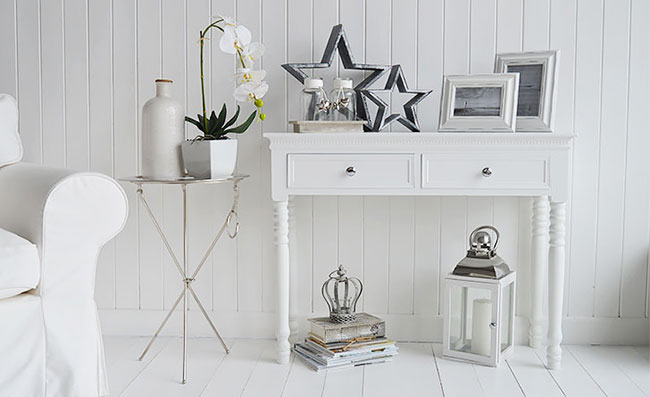 New England console table with solver handles with the Kensington silver folding tray table