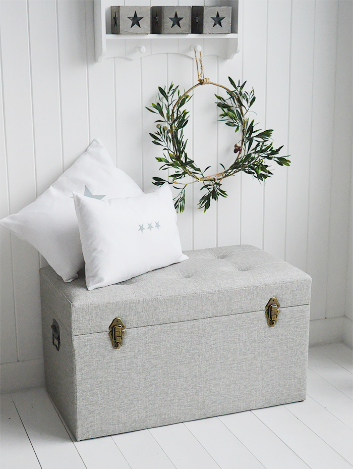 Kittery grey large trunk - coffee table living room furniture, storage trunk for the hallway or blanket box in the bedroom. Coasta, New England COuntry and City furniture and home interiors from The White Lighthouse