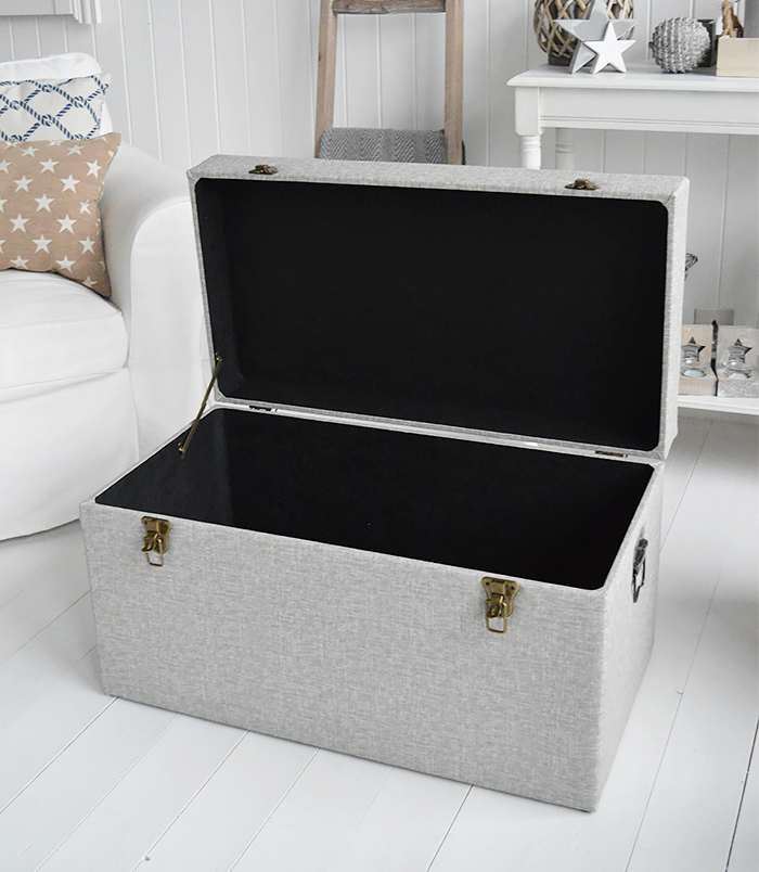 Kittery grey large trunk - coffee table living room furniture, storage trunk for the hallway or blanket box in the bedroom. Coasta, New England COuntry and City furniture and home interiors from The White Lighthouse