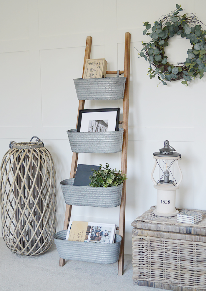 Brunswick ladder with 4 removable hanging galvanised storage pots for New England decor in home interiors