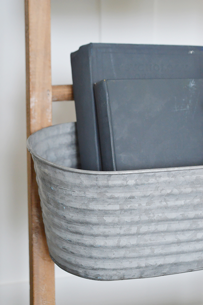 Brunswick ladder with 4 removable hanging galvanised storage pots for New England decor in home interiors