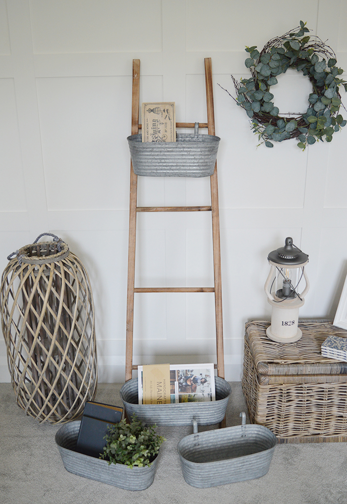 Brunswick ladder with 4 removable hanging galvanised storage pots for New England decor in home interiors