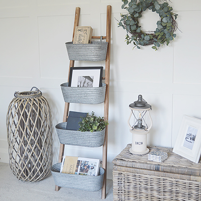 Brunswick ladder with 4 removable hanging galvanised storage pots for New England decor in home interiors