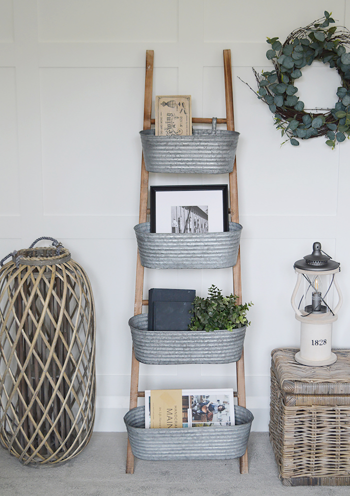 Brunswick ladder with 4 removable hanging galvanised storage pots for New England decor in home interiors