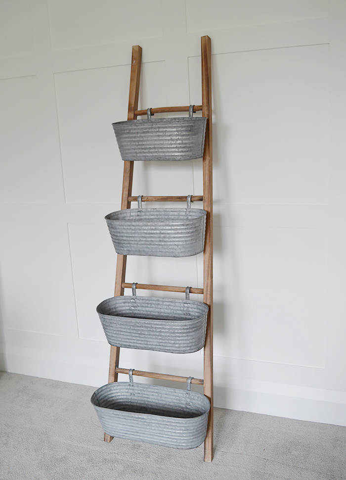 Brunswick ladder with 4 removable hanging galvanised storage pots for New England decor in home interiors