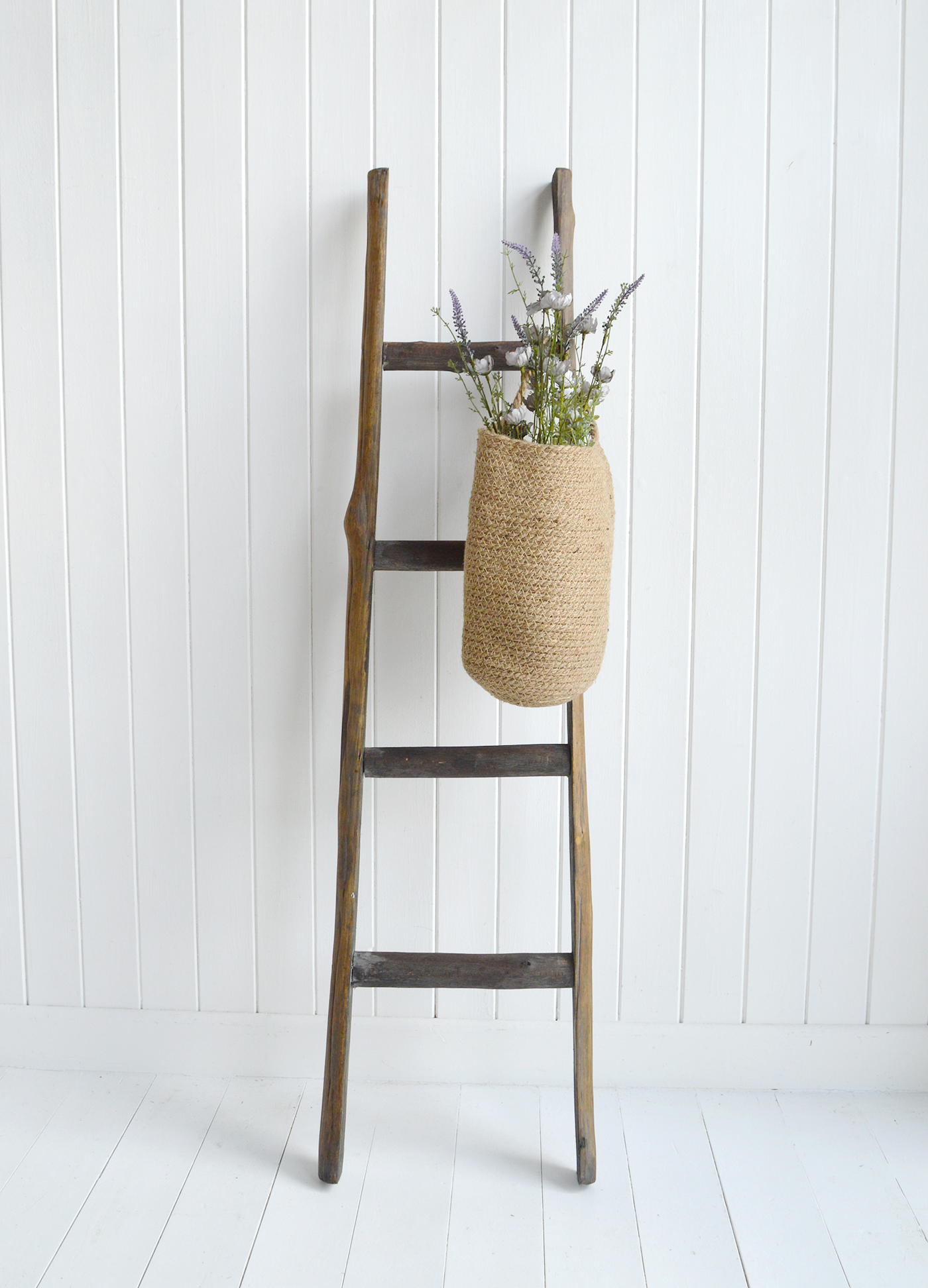 Driftwood wooden blanket ladder for coastal, country and modern farmhouse interios and home to complement the coastal furniture