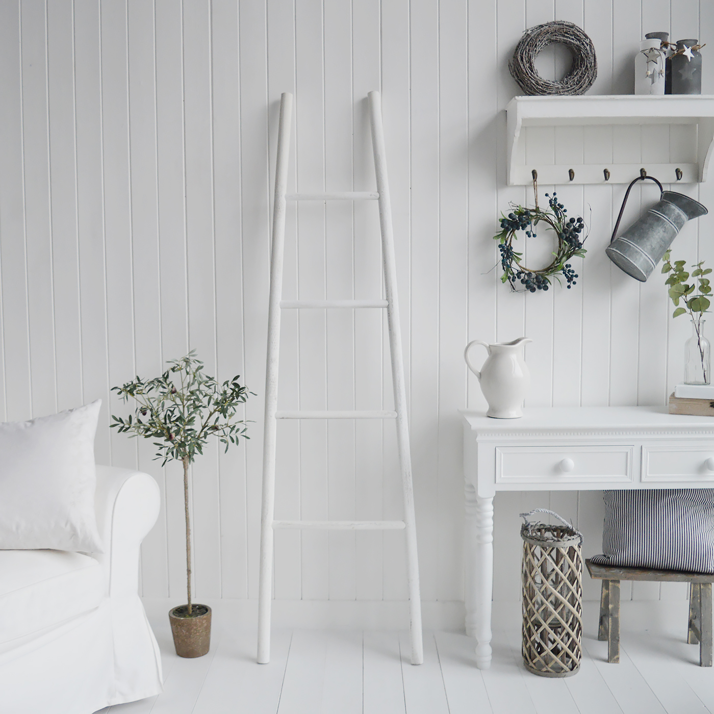 Provincetown Rustic White Blanket Ladder. White and Coastal furniture and accessories for the kitchen. Bathroom, Living Room, Bedroom and Hallway Furniture for beautiful homes