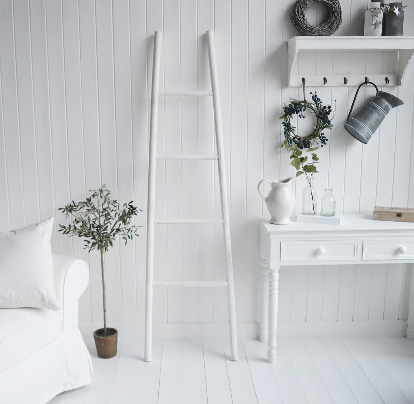 Provincetown Rustic White Blanket Ladder. White and Coastal furniture and accessories for the kitchen. Bathroom, Living Room, Bedroom and Hallway Furniture for beautiful homes