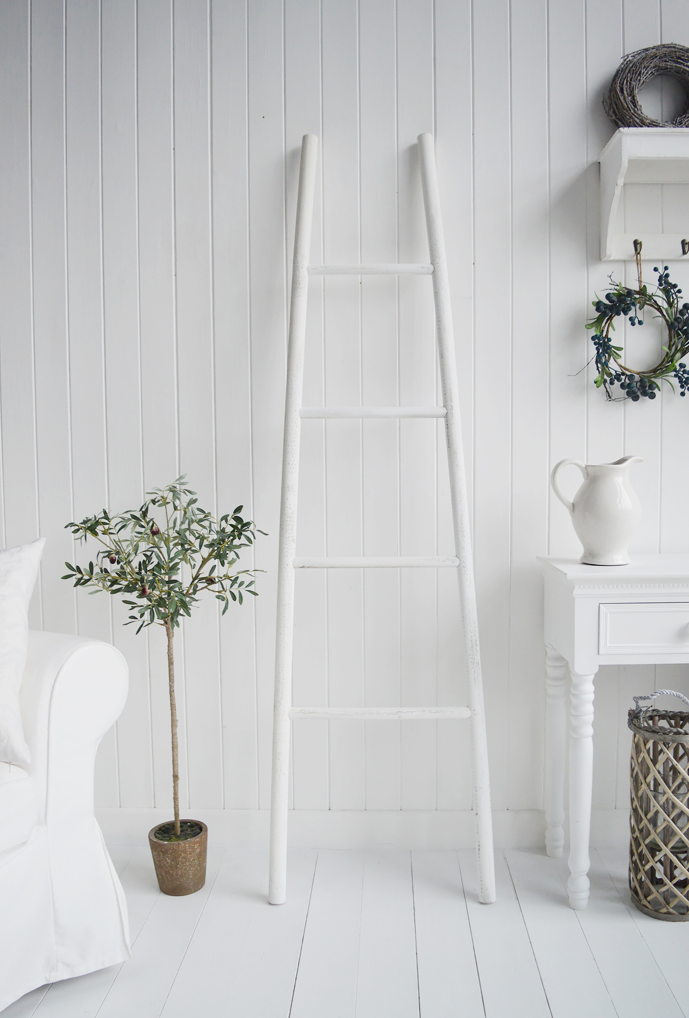 Provincetown Rustic White Blanket Ladder. White and Coastal furniture and accessories for the kitchen. Bathroom, Living Room, Bedroom and Hallway Furniture for beautiful homes