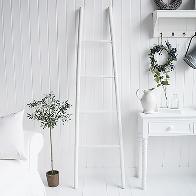 Provincetown Rustic White Blanket Ladder. White and Coastal furniture and accessories for the kitchen. Bathroom, Living Room, Bedroom and Hallway Furniture for beautiful homes