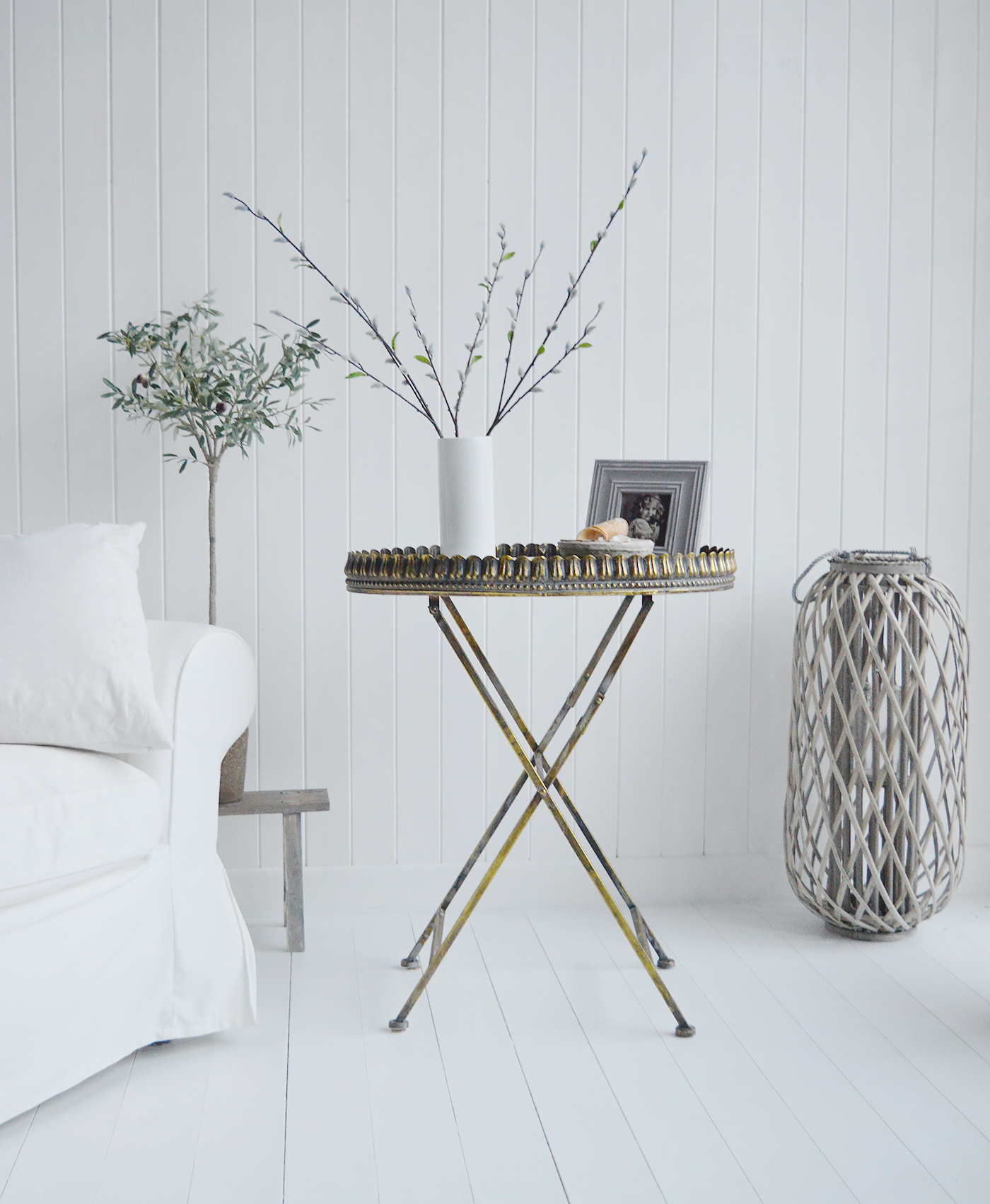 Mystic lamp table in aged antique brass finish. New England furniture and home interiors