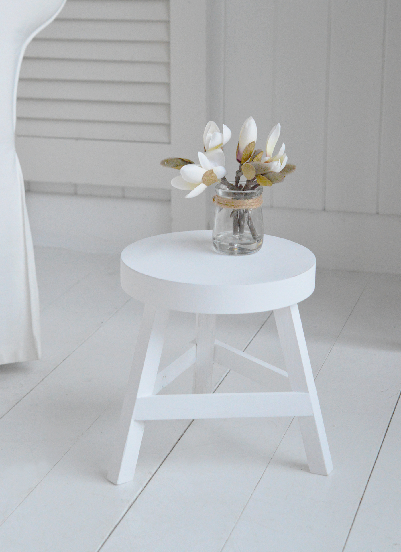 Nantucket round wooden white milking stool - Coastal, Country Furniture