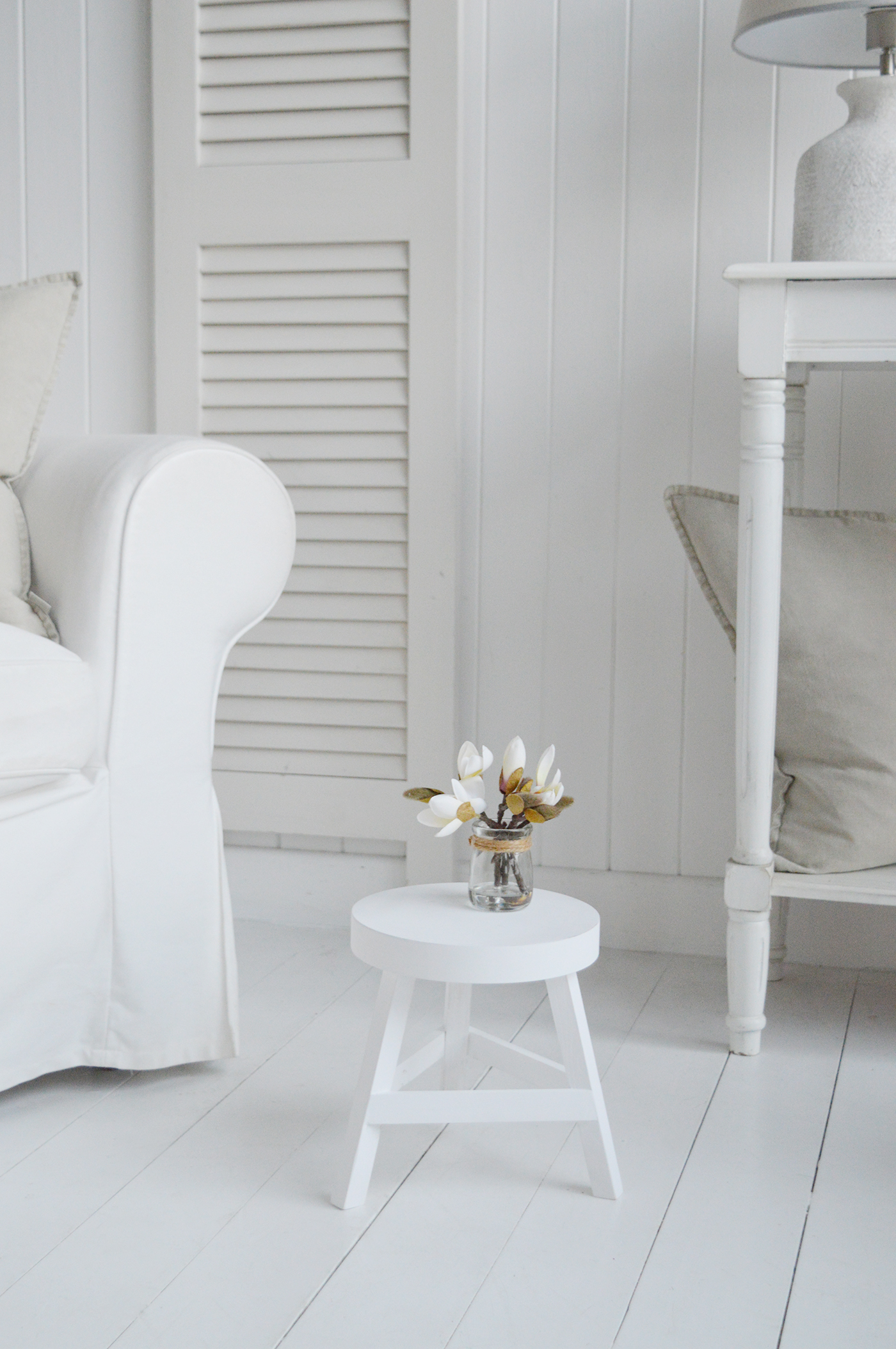 White Living room - Nantucket wooden white milking stool - Coastal, Country Furniture