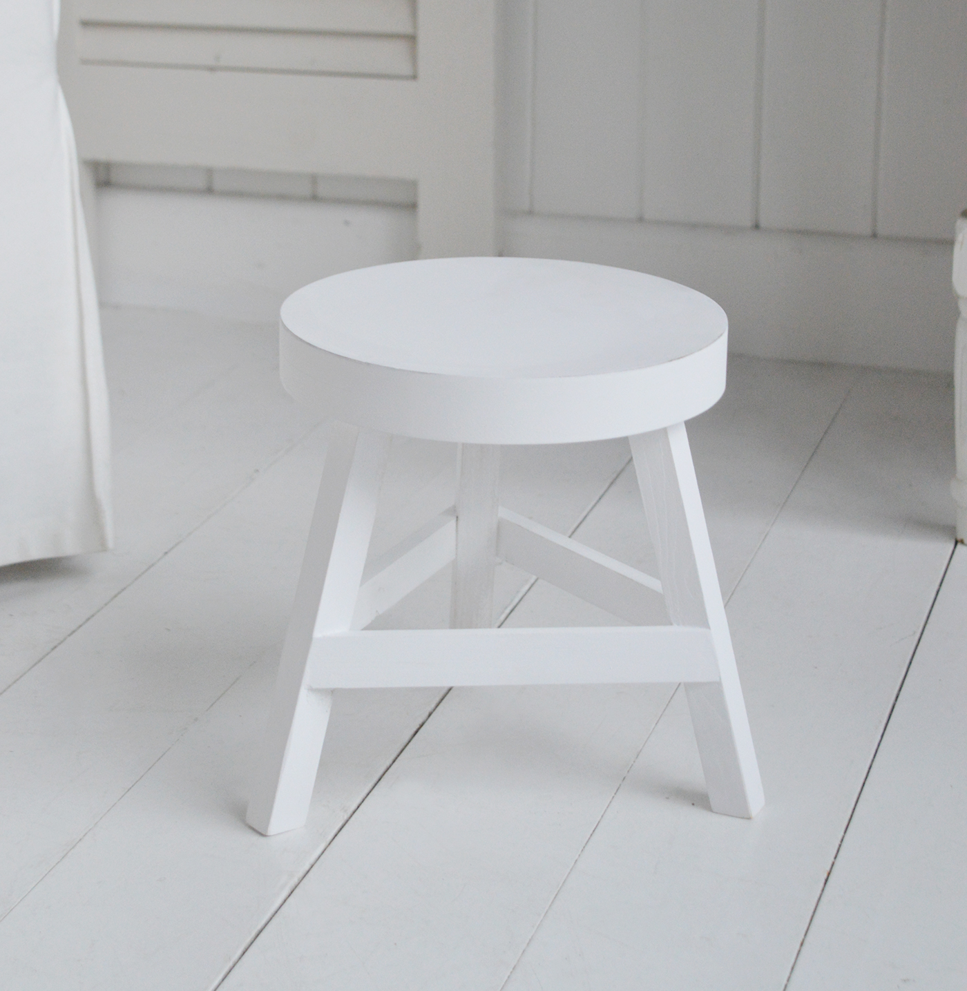 Nantucket round wooden white milking stool - Coastal and Modern Country Furniture