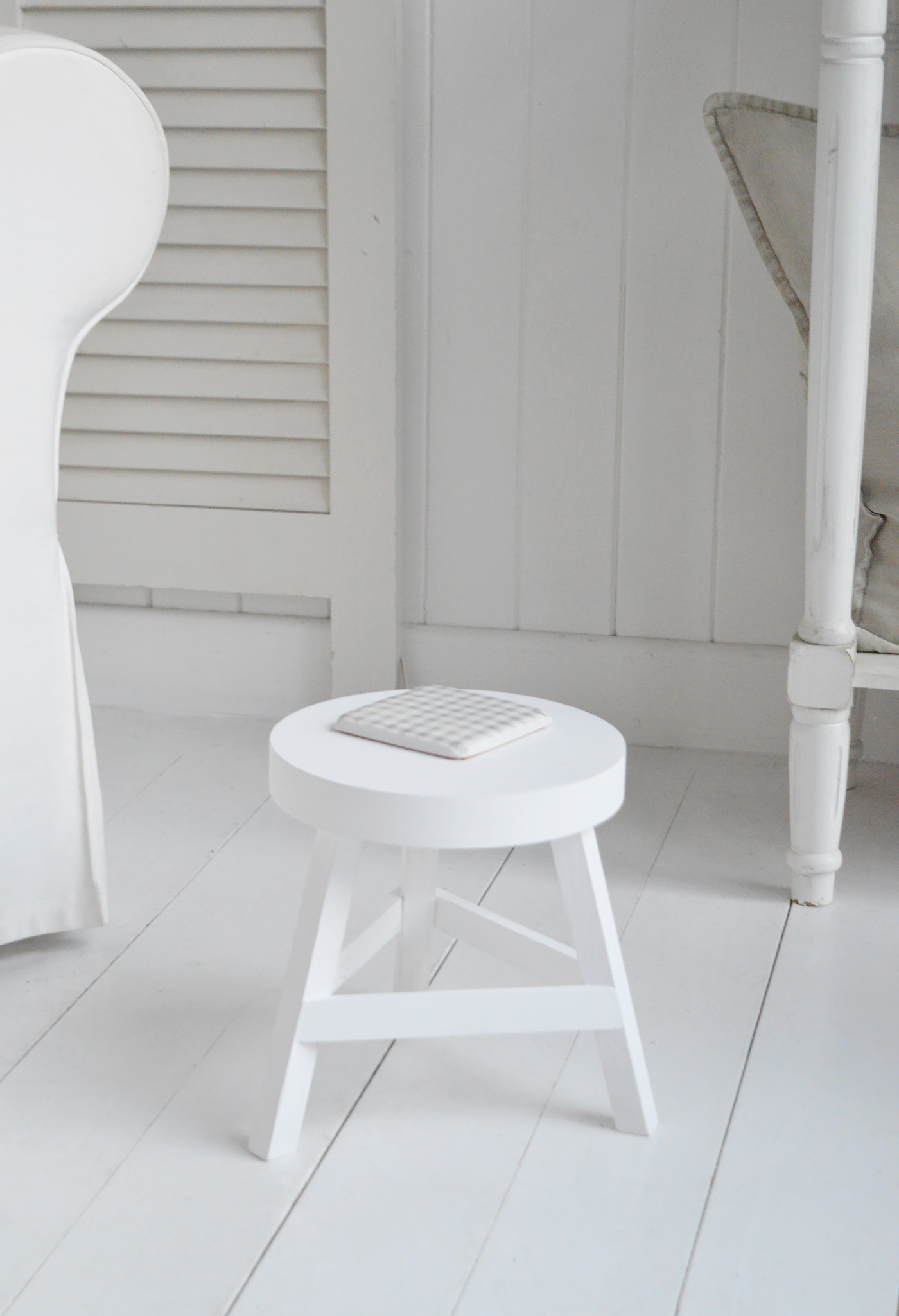 White Furniture - Nantucket wooden white milking stool - Coastal, Country Furniture