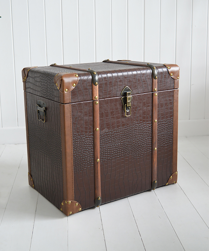 Panama vintage style trunk as a bedside table in New England country and coastal homes