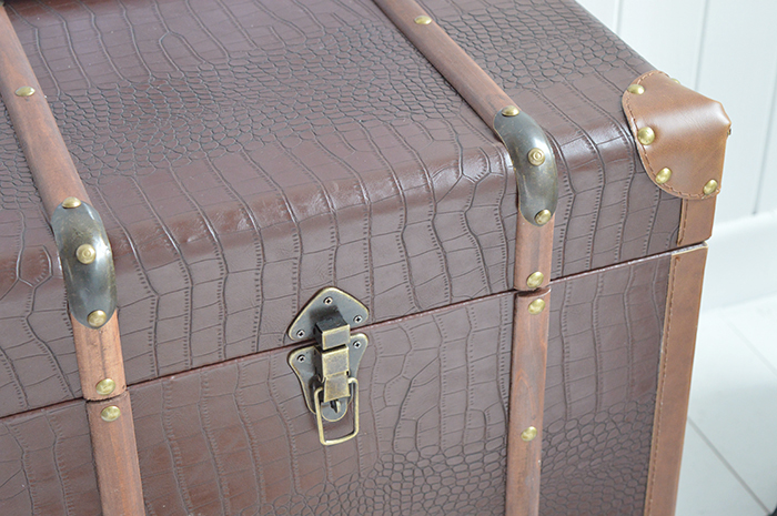 Panama vintage style trunk as a bedside table in New England country and coastal homes