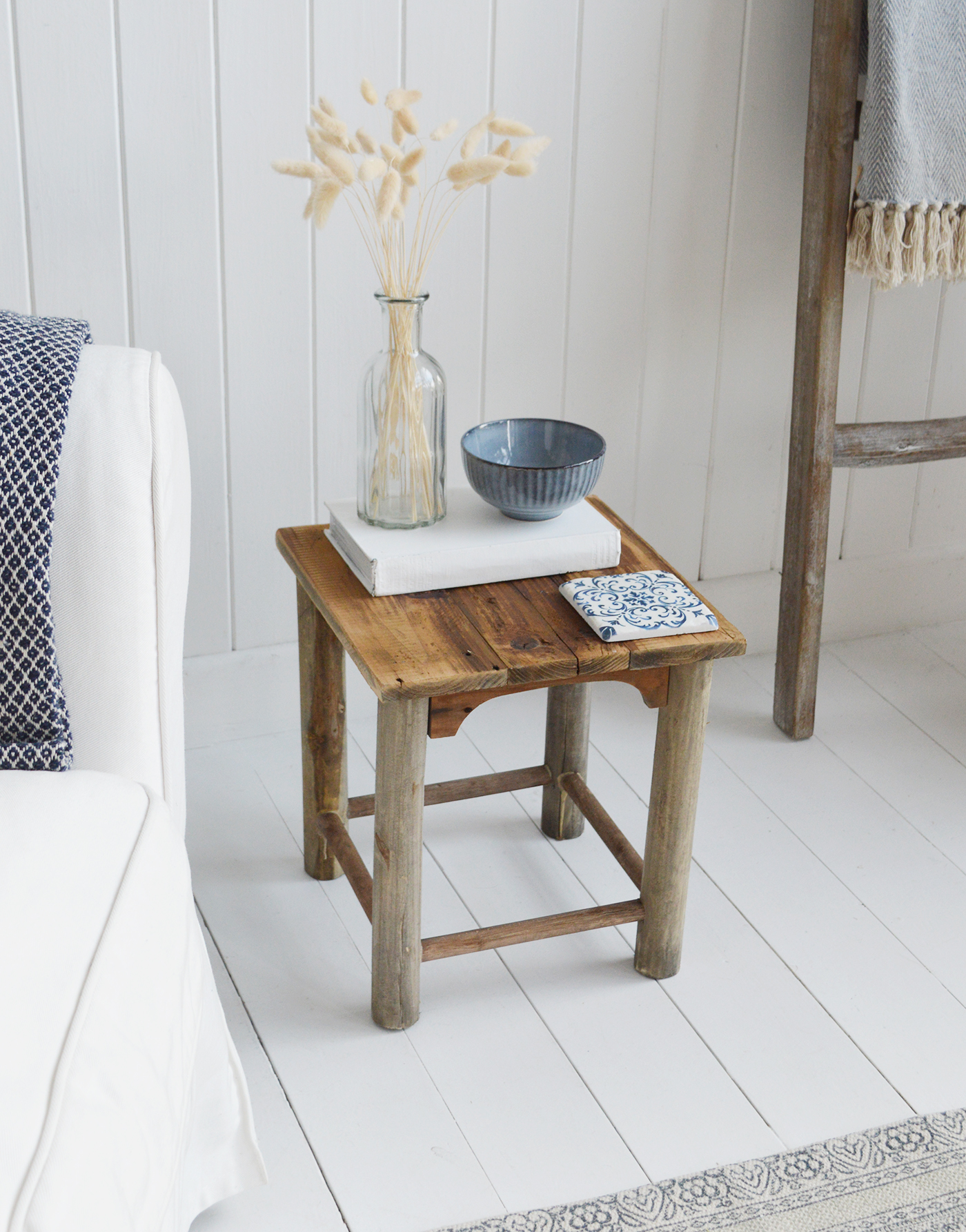 Pawtucket Grey Square Wooden Stool Side Table - Coastal, Country Famrhouse Furniture