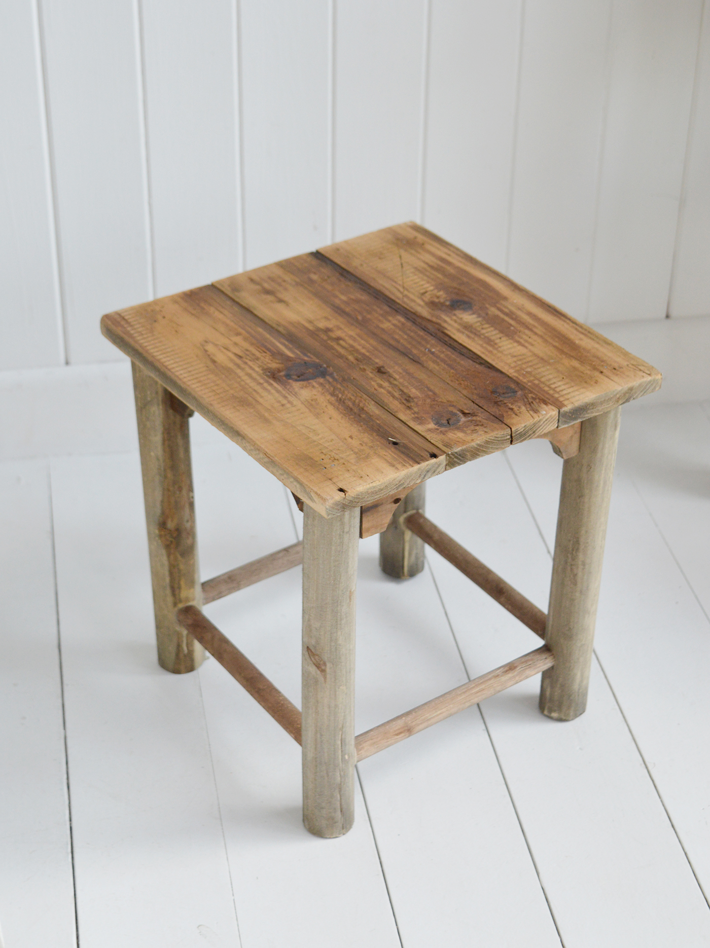 Pawtucket Grey Square Wooden Stool Side Table - Coastal, Country Famrhouse Furniture