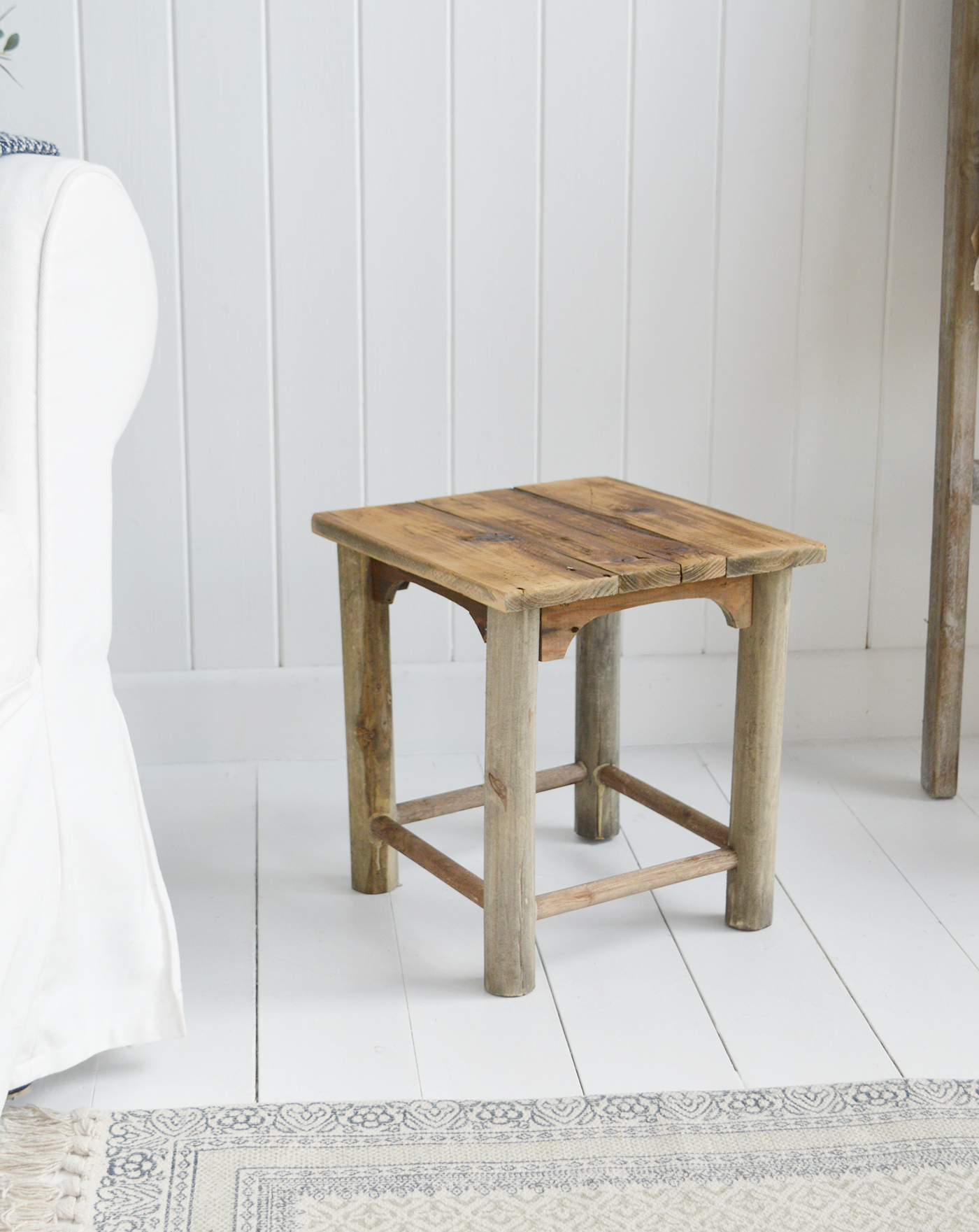 Pawtucket Grey Square Wooden Stool Side Table - Coastal, Country Famrhouse Furniture
