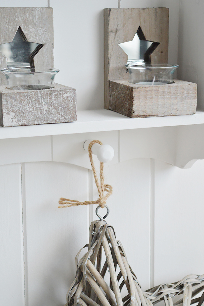 Provincetown white wall shelf with 2 shleves and hanging pegs for New England country and coastal furniture 