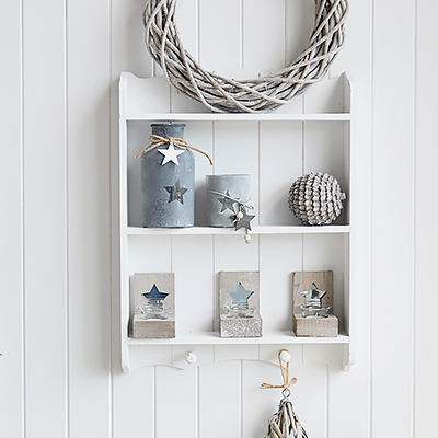 Providence White Wall Shelf with pegs for  coastal New England look furniture
