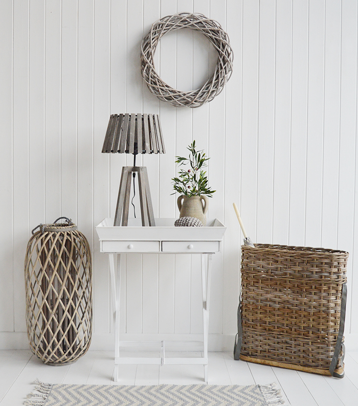 Our Rhode Island white table shown with our Casco Bay umbrella basket, tall lantern and Brentwood lamp for a New England country and coastal styled home