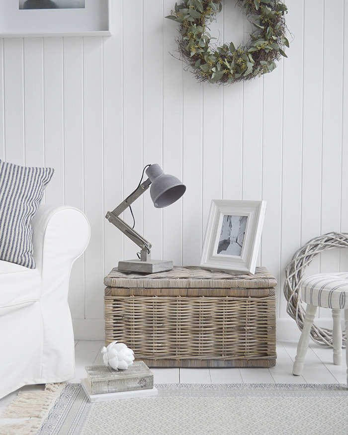 The Seaside coffee table as a lamp table. Paired with our Brentwood lamp and Beach House photo frame for a beach syled coastal living room furniture