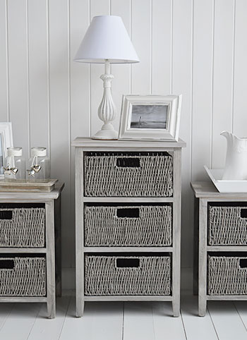 St Ives grey storage table with 3 baskets for living room and bedroom furniture