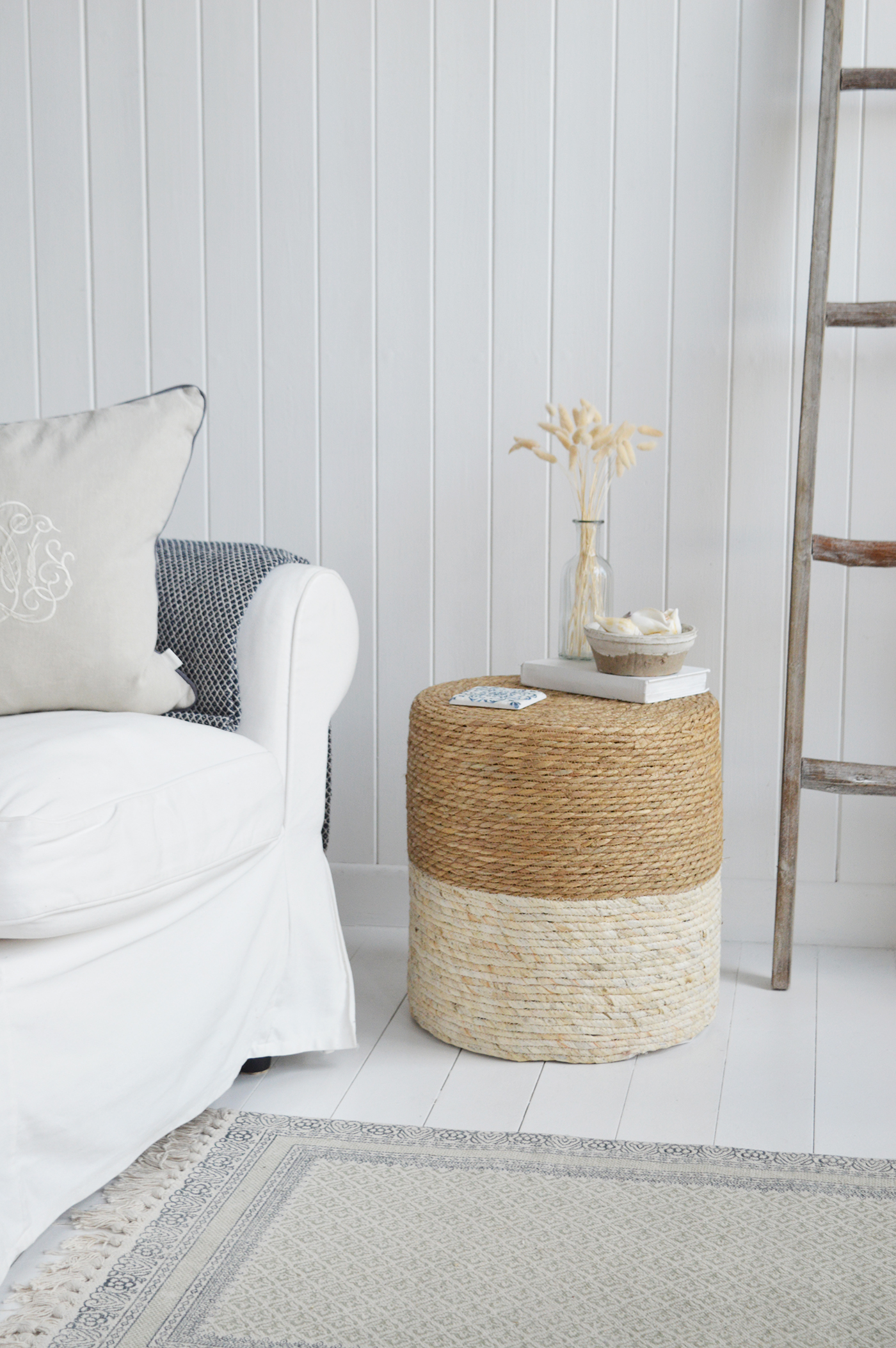 Fall River Stool or side table  - Ideal to add warmth with natural material in a coastal or New England living room interior decor from The White Lighthouse Furniture. Bathroom, Living Room, Bedroom and Hallway Furniture for beautiful homes