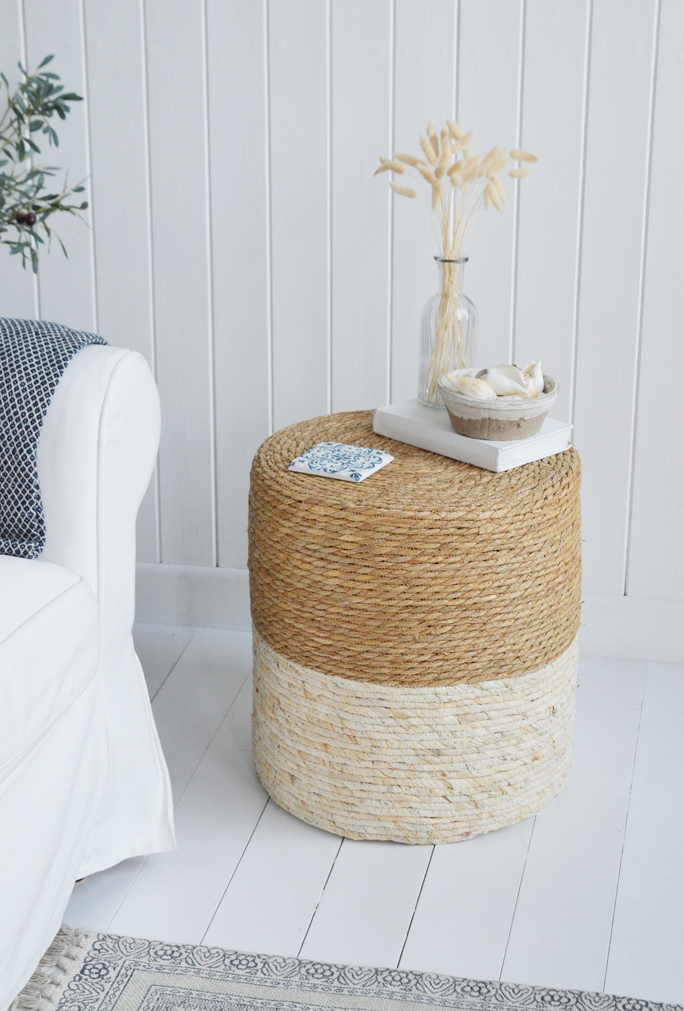 Fall River Stool or side table  - Ideal to add warmth with natural material in a coastal or New England living room interior decor from The White Lighthouse Furniture. Bathroom, Living Room, Bedroom and Hallway Furniture for beautiful homes