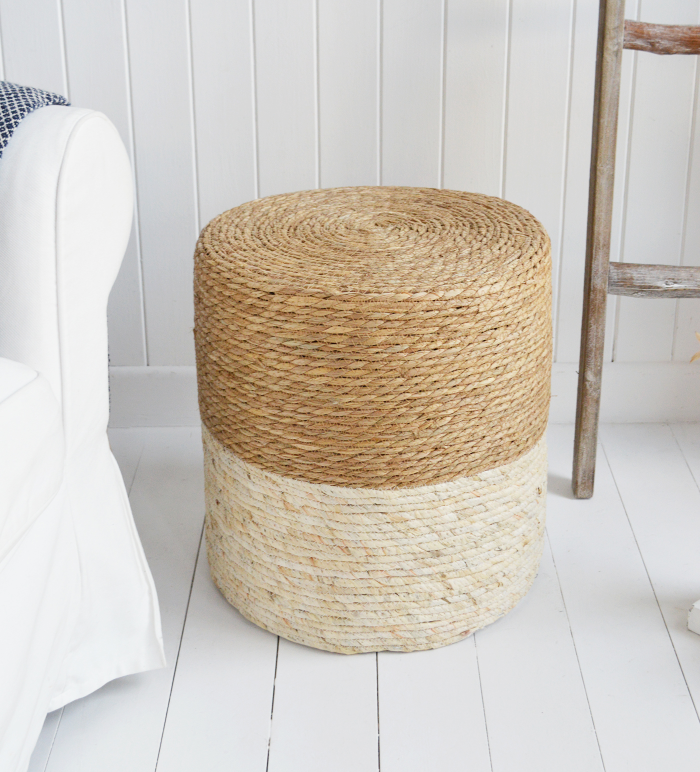 Fall River Stool or side table  - Ideal to add warmth with natural material in a coastal or New England living room interior decor from The White Lighthouse Furniture. Bathroom, Living Room, Bedroom and Hallway Furniture for beautiful homes