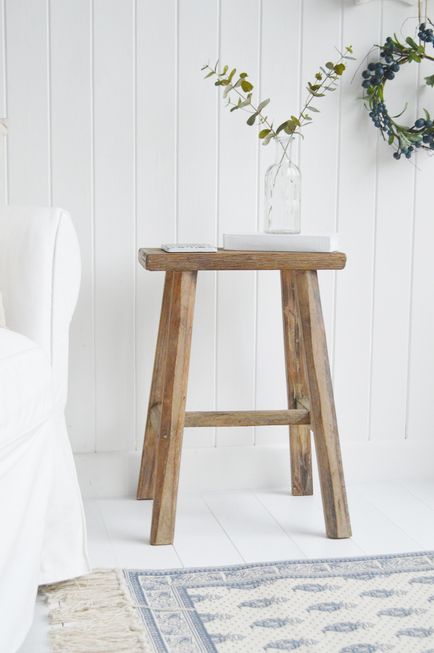 Georgetown rustic wooden stool for coastal and country furniture from The White Lighthouse. New England coastal, country, farmhouse and city home furniture and interiors for Bathroom, Living Room, Bedroom and Hallway Furniture for beautiful homes