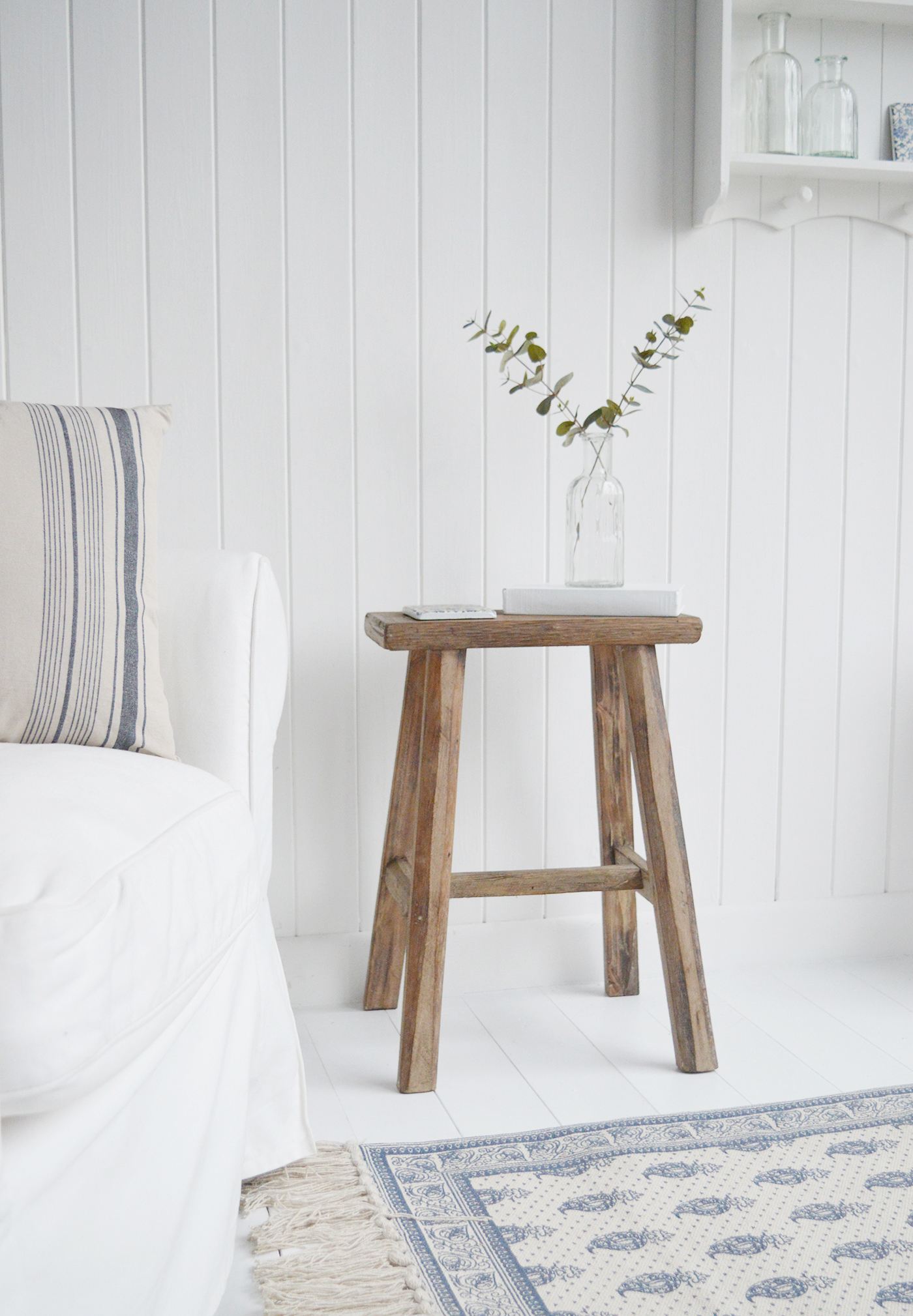 Georgetown rustic wooden stool for coastal and country furniture from The White Lighthouse. New England coastal, country, farmhouse and city home furniture and interiors for Bathroom, Living Room, Bedroom and Hallway Furniture for beautiful homes