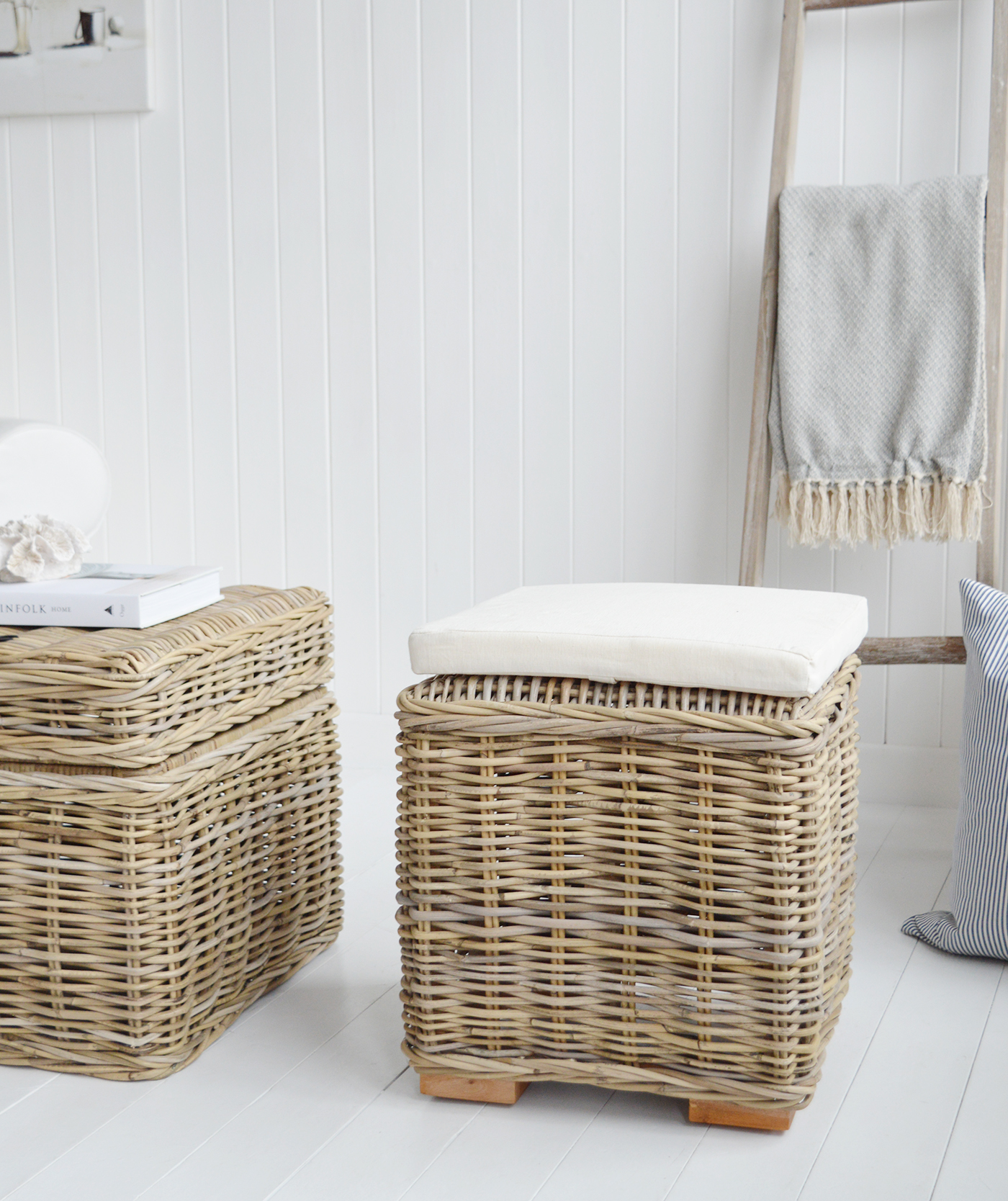 Casco Bay Grey willow stool, Seat or side table - Coastal New England Living Room Furniture