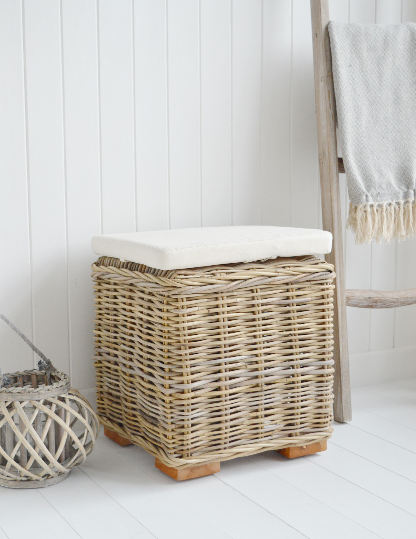 Casco Bay Grey willow stool, Seat or side table - Coastal New England Living Room Furniture